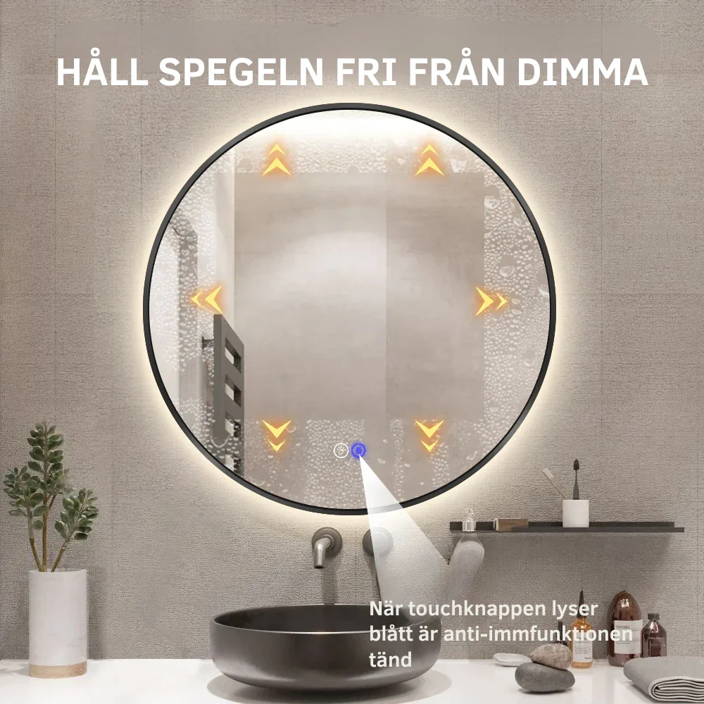 Rund spegel med LED-ljus och värme, Ø80 cm med svart ram - Bild 3