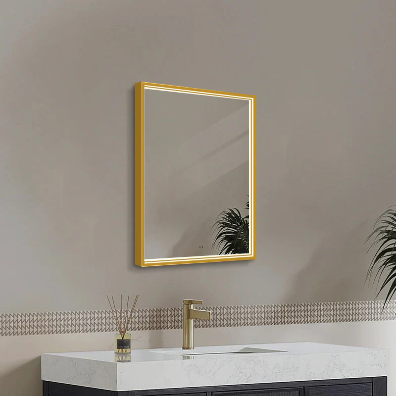 Fyrkantig spegel med LED-ljus i ram och värme 50x80 cm, guld ram
