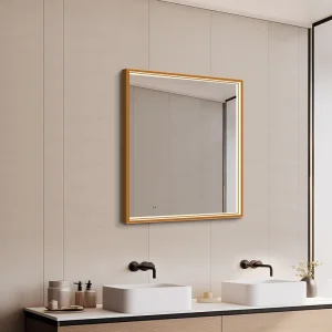 Fyrkantig spegel med LED-ljus i ram och värme 80x80 cm, guld ram