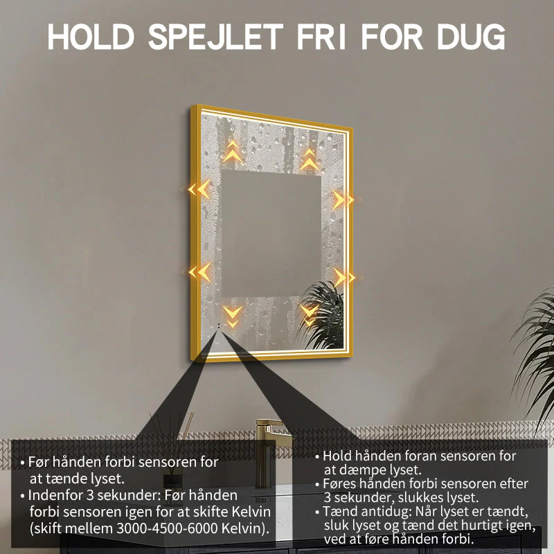 Fyrkantig spegel med LED-ljus i ram och värme 60x80 cm, guld ram - Bild 3