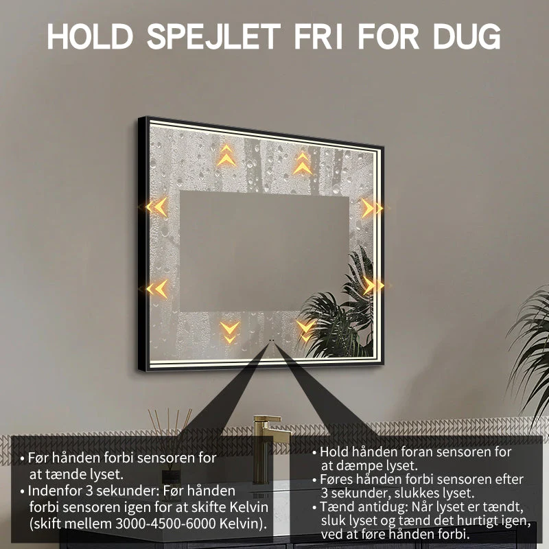 Fyrkantig spegel med LED-ljus i ram och värme 80x80 cm, svart ram - Bild 3