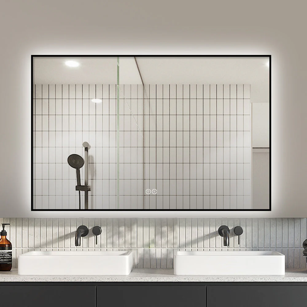 Rektangulär spegel med LED-ljus och värme, 120x80 cm - Svart ram 90º