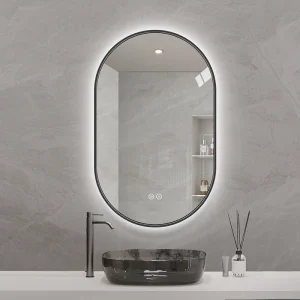 Oval spegel med LED-ljus och värme, 50x80 cm med svart ram