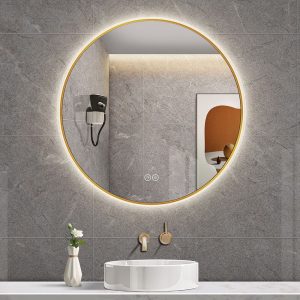 Rund spegel med LED-ljus och värme, Ø60 cm med guld ram