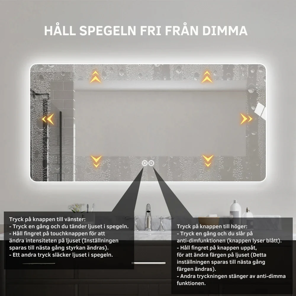 Rektangulär spegel med LED-ljus och värme, 160x80 cm - Bild 3